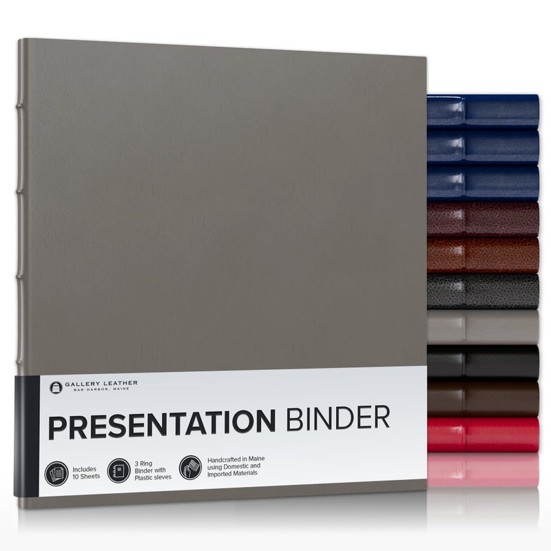 Gallery Leather 3 Ring Binder with Plastic Sleeves, Includes 10 Sheets, Sheet Size: 8.5" x 11" - Presentation Binder Rings with Hubbed Spine, Thick: 0.75" Freeport Slate - Image 1